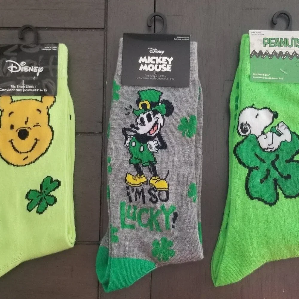 Disney & Peanuts St. Patrick's Day Assorted 3-Pair Adult Novelty Crew Socks Lot